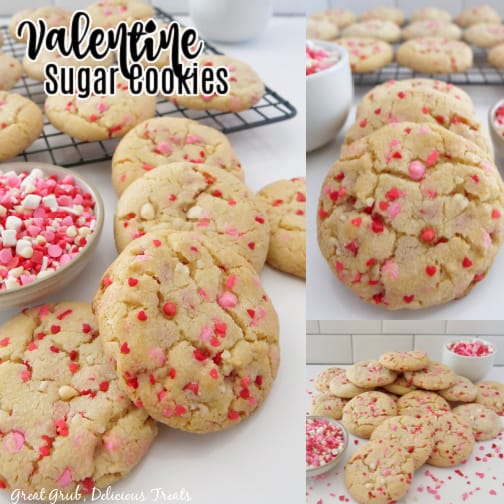 Valentine Sugar Cookies are easy and delicious cookies that are easy to make and perfect for any Valentine’s Day get together or party. A three photo collage of Valentine Sugar Cookies on a white surface.
