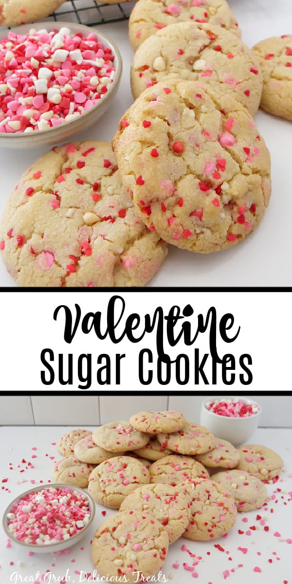 Valentine Sugar Cookies are super simple and quick sugar cookies that are made with cute Valentine's sprinkles. A double collage photo of valentine's day sugar cookies on a white surface.