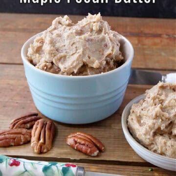 A wood surface with two bowls filled with maple pecan butter.