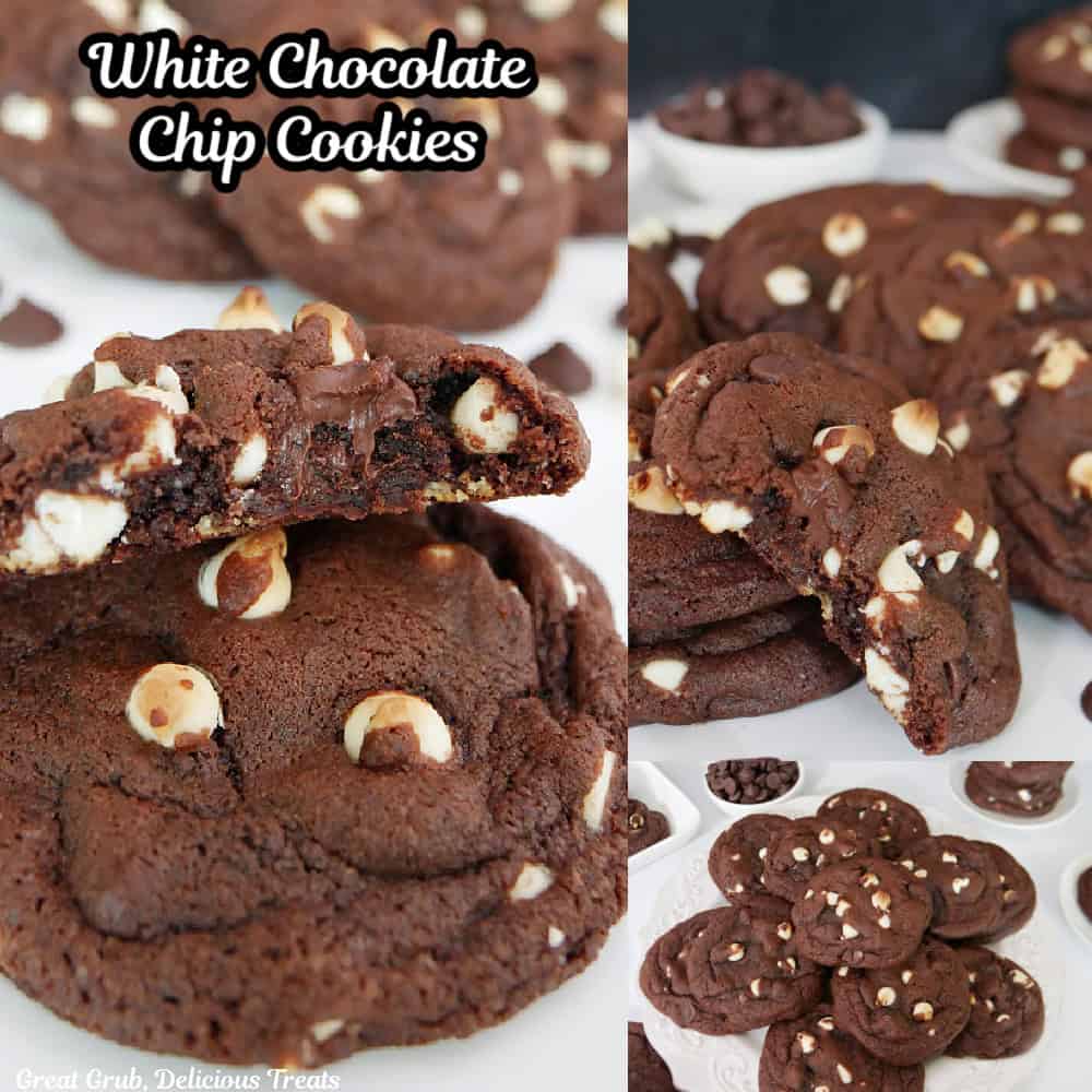 Three photo collage of white chocolate chip cookies.