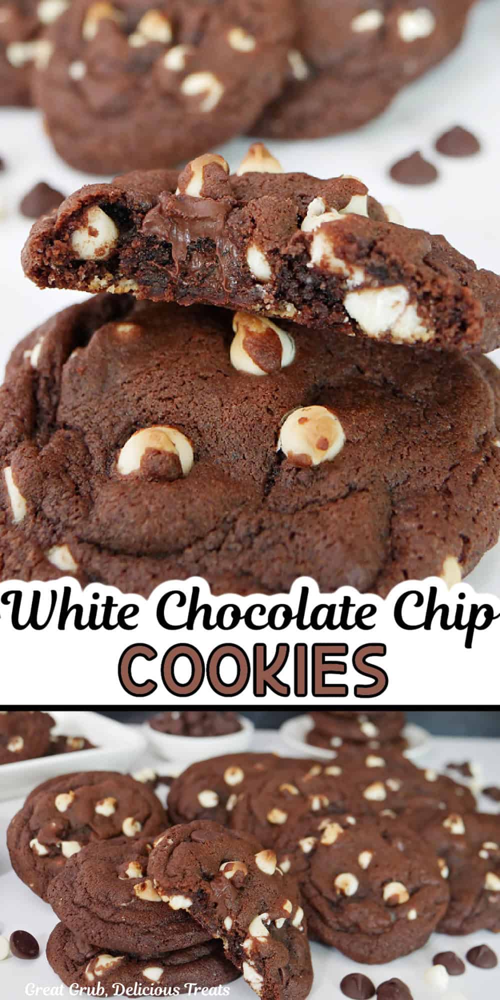 Two photos of white chocolate chip cookies with the title of the recipe between the two photos.